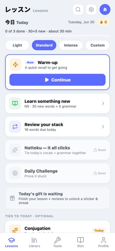Mizuru daily lesson screen